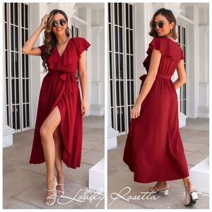 Romantic Ruffled Midi Dress with Wrap Silhouette and Slit